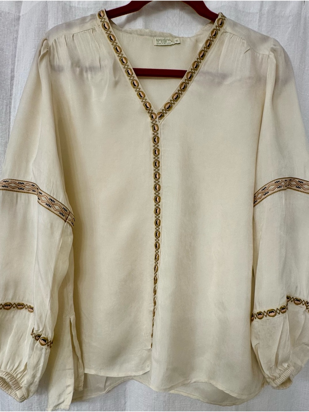Spartina 449 Cream V-Neck Peasant Blouse with Embroidered Trim